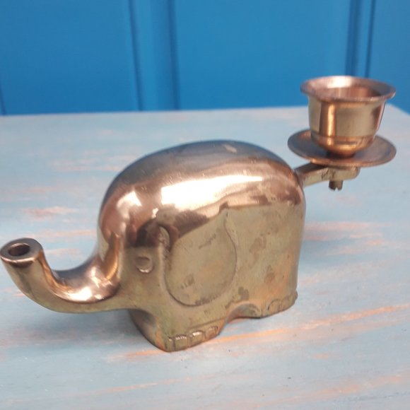 Vintage Brass Elephant Candlestick MCM Candle Holder Table Top Brass Animal gold - Picture 12 of 15